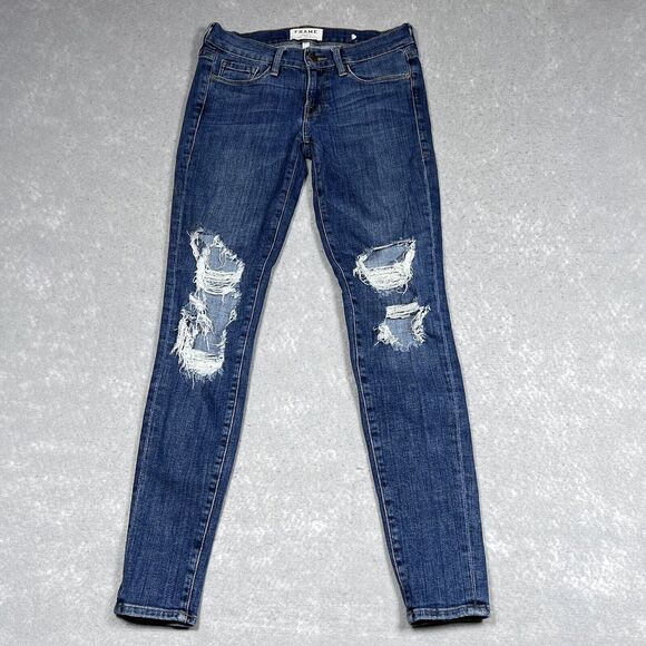 Frame Jeans Womens 26 Dark Wash Le Skinny de Jeanne Seville Distressed Mid Rise - Picture 1 of 13